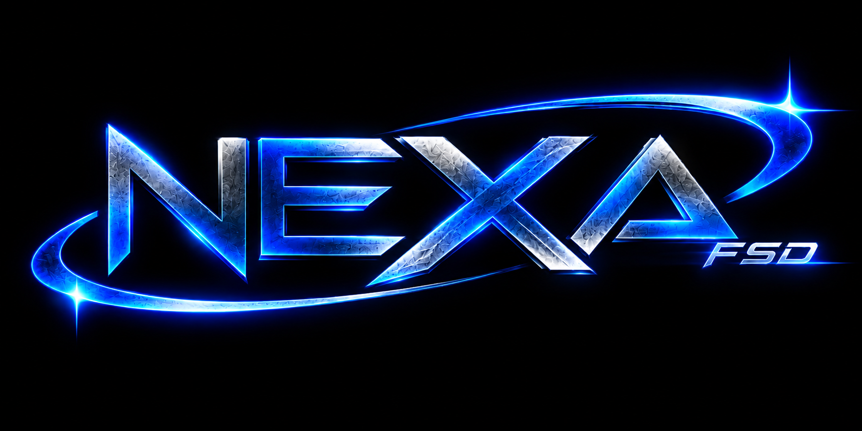 Logotipo metálico “NEXXA” con letras azules luminosas y destellos sobre fondo negro, estilo futurista.